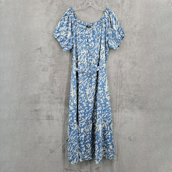 Suzanne Betro Dress 2X Blue Cream Puff Sleeve Square Neck Sash Tiered Midi New - Picture 1 of 12